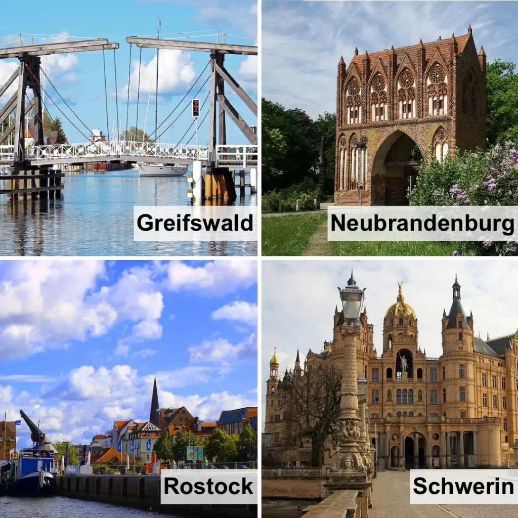 Das Bild zeigt Fotos der vier Städte, in denen die Telefonseelsorge MV Standorte hat. Text: Greifswald. Neubrandenburg. Rostock. Schwerin.